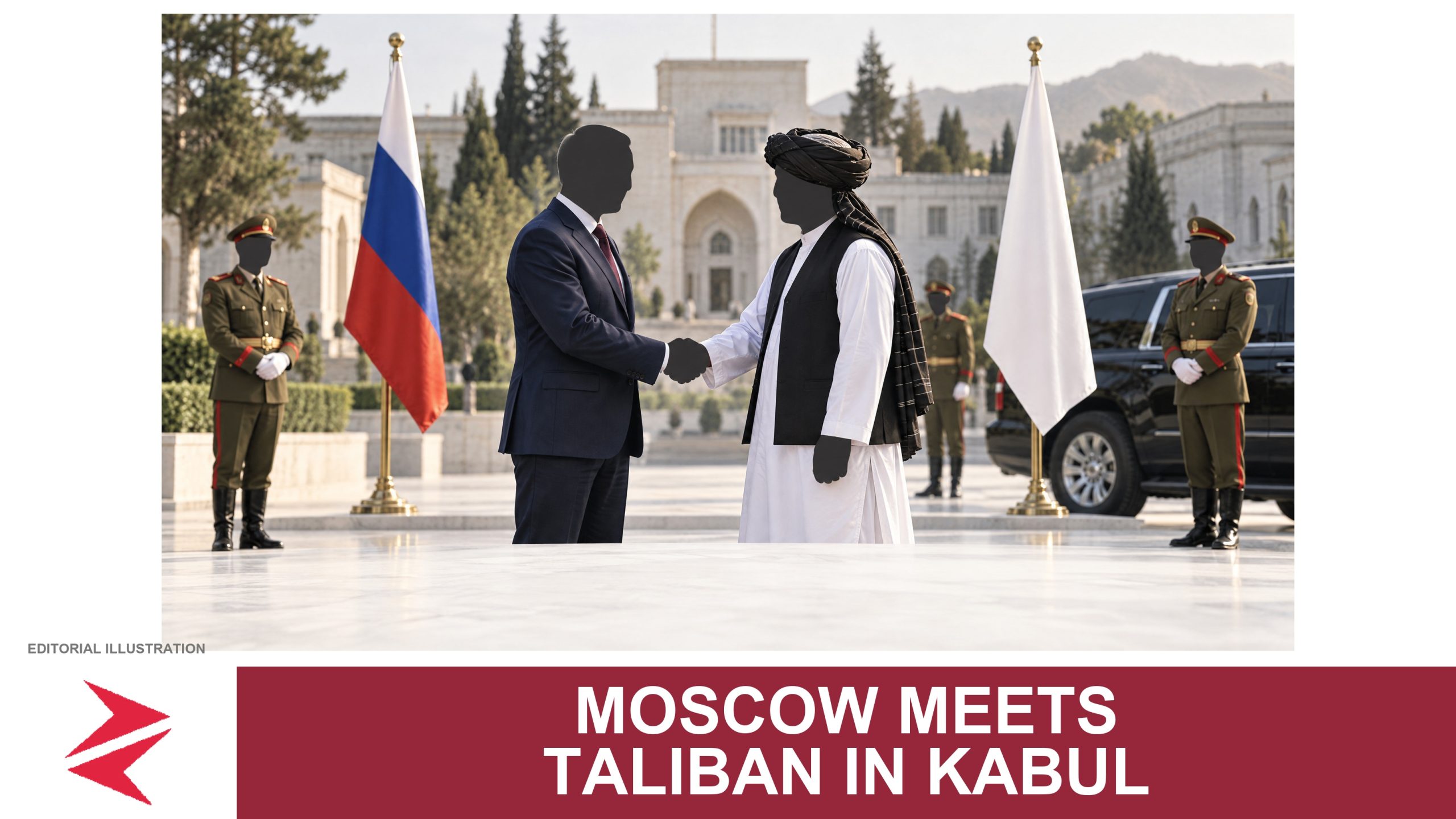 AI-generated editorial illustration: Conceptual editorial illustration for Moscow Meets Taliban in Kabul. Not a documentary photograph.