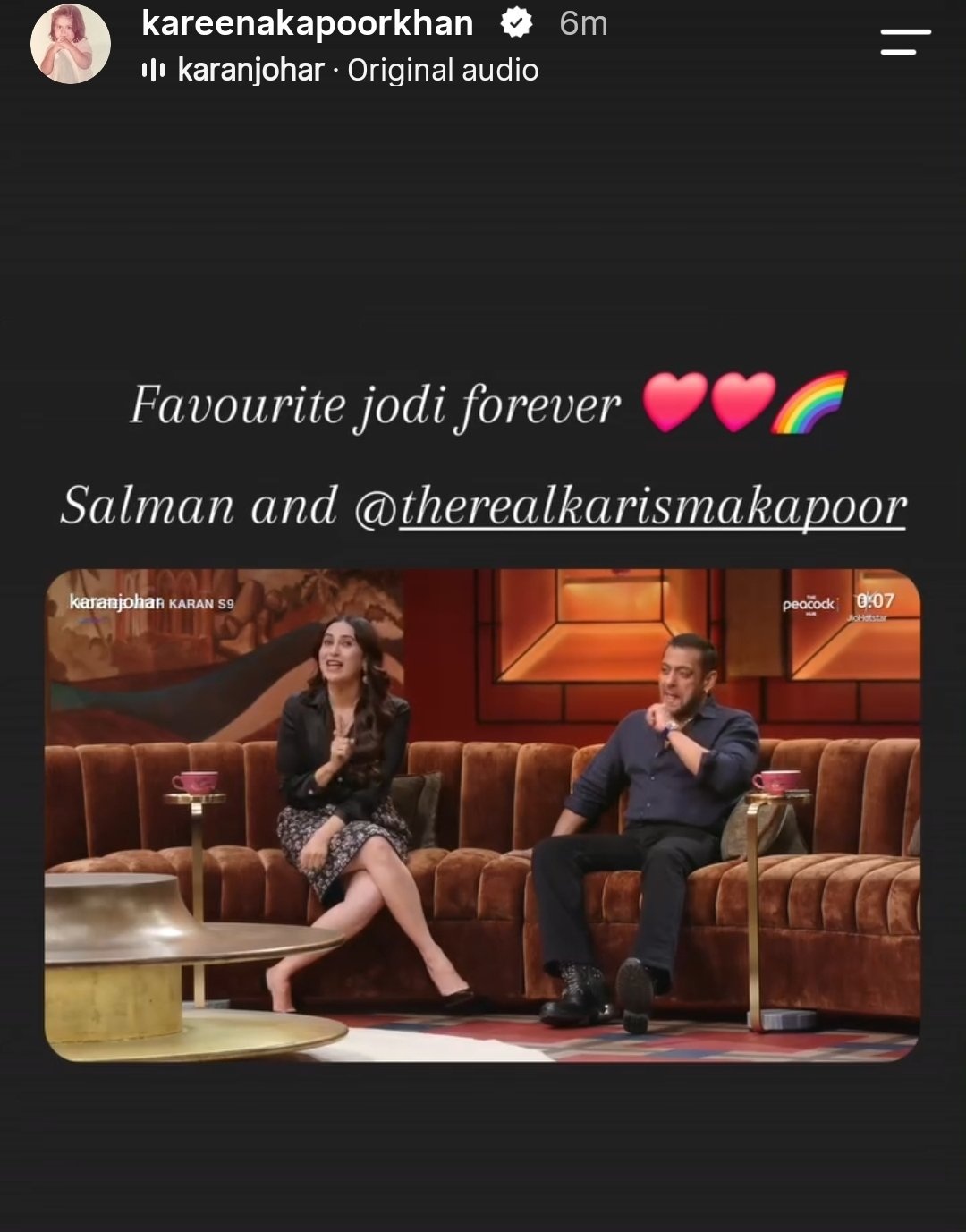 Screenshot of an Instagram story showing Salman Khan and Karisma Kapoor sitting on a brown velvet sofa in a studio, with overlay text 'Favourite jodi forever ❤️❤️🌈 Salman and @therealkarismakapoor'