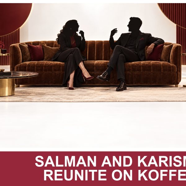 AI-generated editorial illustration: Conceptual editorial illustration for Salman and Karisma Reunite on Koffee. Not a documentary photograph.
