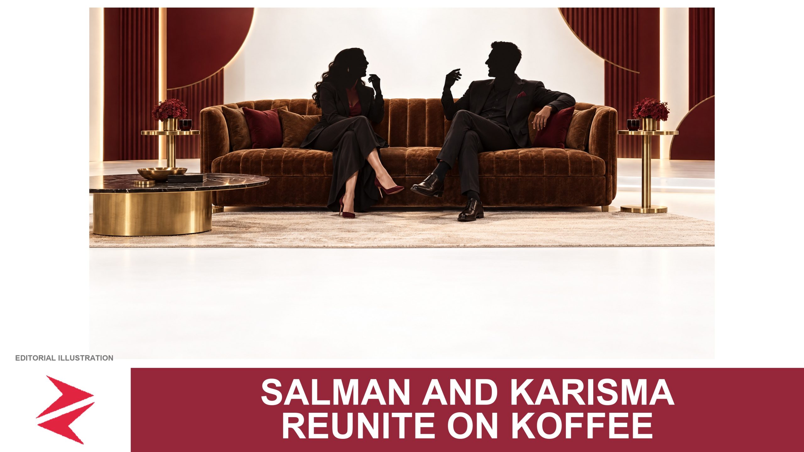 AI-generated editorial illustration: Conceptual editorial illustration for Salman and Karisma Reunite on Koffee. Not a documentary photograph.