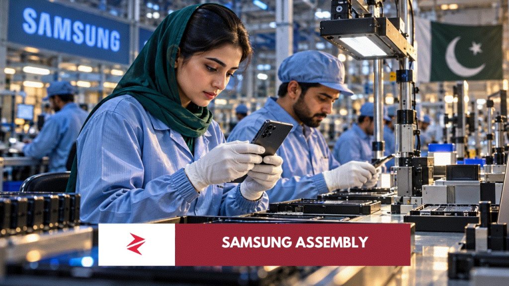 Pakistani technicians inspecting smartphones on a local assembly line in Karachi, illustrating Samsung’s production partnership with Lucky Motor Corporation.