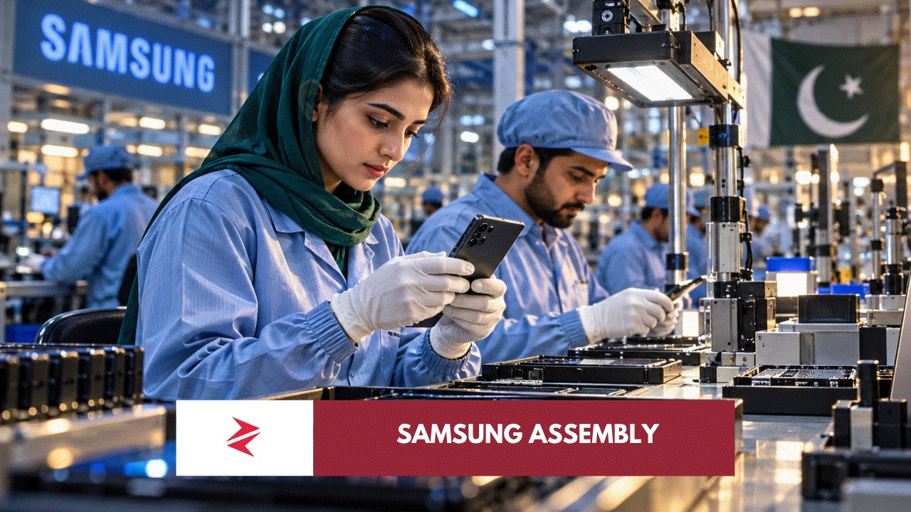 Pakistani technicians inspecting smartphones on a local assembly line in Karachi, illustrating Samsung’s production partnership with Lucky Motor Corporation.
