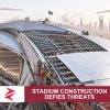 AI-generated editorial illustration: Conceptual editorial illustration for Stadium Construction Defies Threats. Not a documentary photograph.