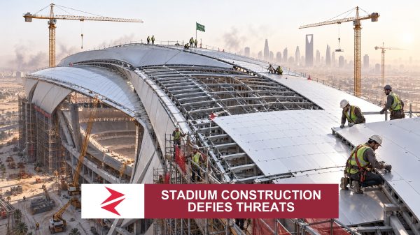 AI-generated editorial illustration: Conceptual editorial illustration for Stadium Construction Defies Threats. Not a documentary photograph.