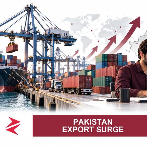 AI-generated editorial illustration: Conceptual editorial illustration for Pakistan Export Surge. Not a documentary photograph.