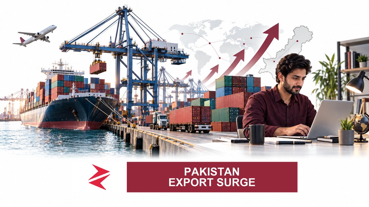 AI-generated editorial illustration: Conceptual editorial illustration for Pakistan Export Surge. Not a documentary photograph.