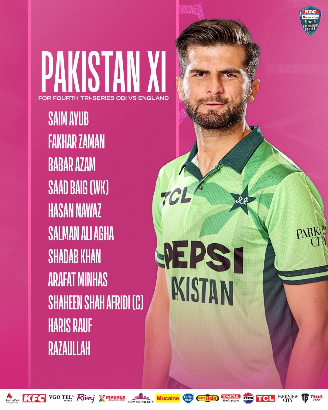 Promotional graphic showing Pakistan XI for the ODI against England, listing players including Razaullah and Sufiyan Muqeem, with sponsor logos such as Pepsi, KFC and Bank Alfalah on a pink background