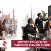 AI-generated editorial illustration: Conceptual editorial illustration for Spotify Premium vs Pakistan's Music Scene. Not a documentary photograph.