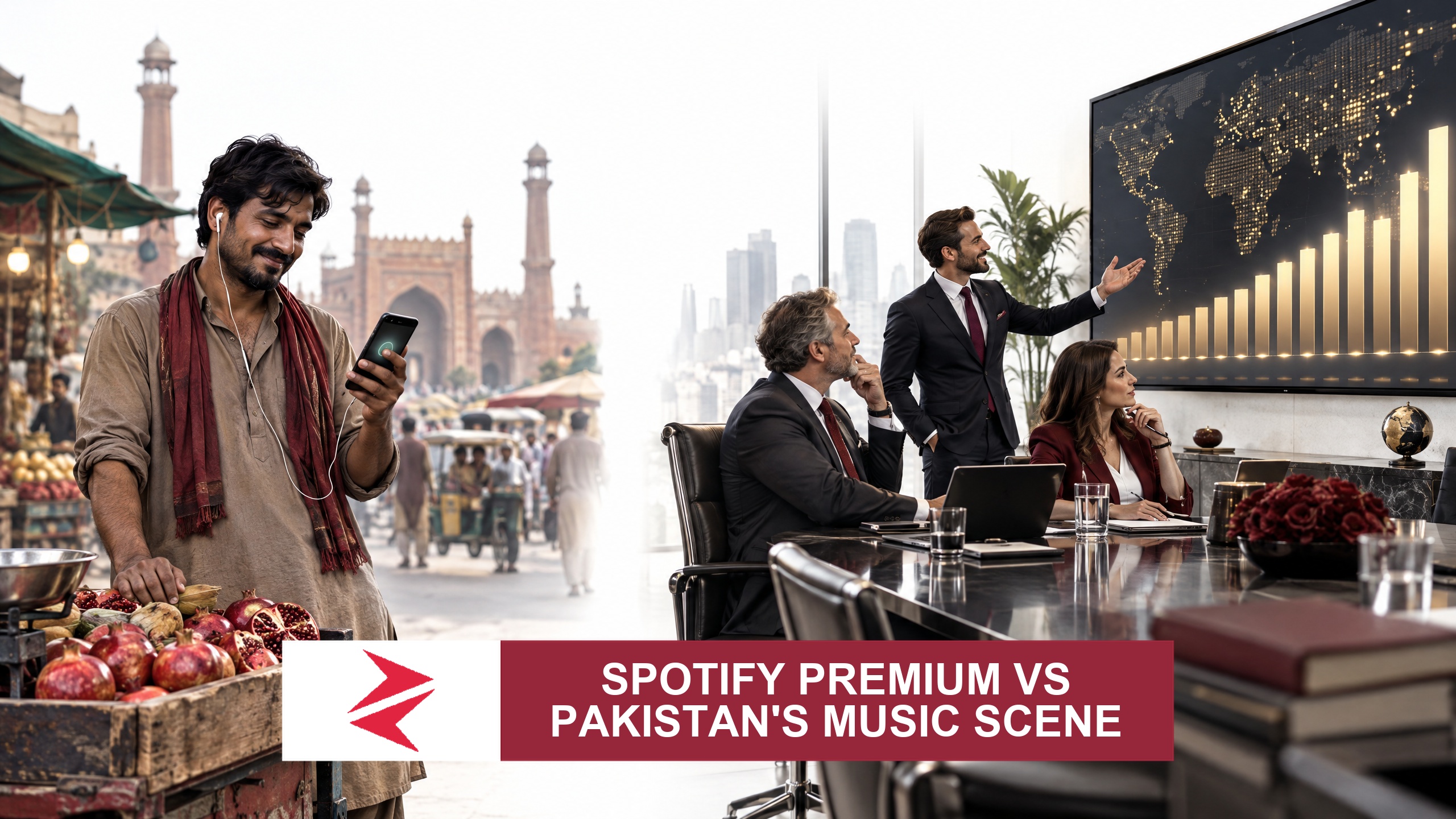 AI-generated editorial illustration: Conceptual editorial illustration for Spotify Premium vs Pakistan's Music Scene. Not a documentary photograph.