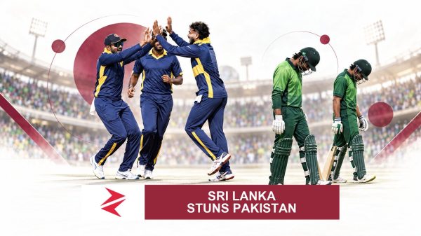 AI-generated editorial illustration: Conceptual editorial illustration for Sri Lanka Stuns Pakistan. Not a documentary photograph.