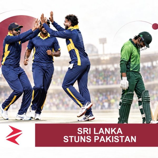 AI-generated editorial illustration: Conceptual editorial illustration for Sri Lanka Stuns Pakistan. Not a documentary photograph.
