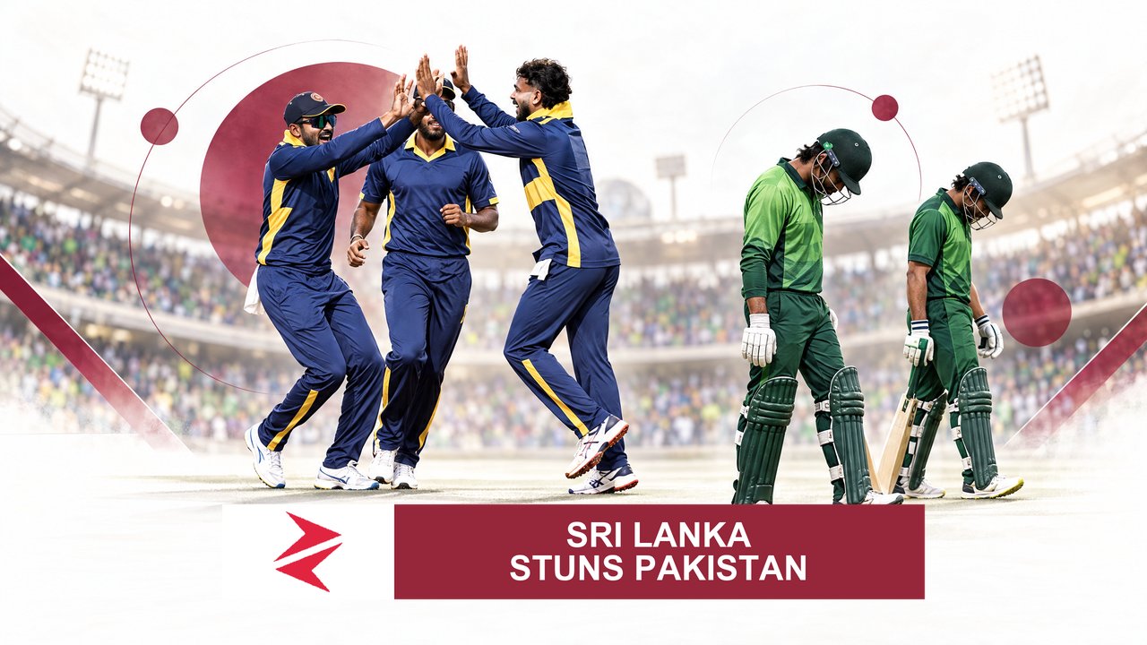 AI-generated editorial illustration: Conceptual editorial illustration for Sri Lanka Stuns Pakistan. Not a documentary photograph.