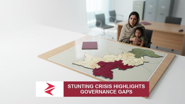 AI-generated editorial illustration: Conceptual editorial illustration for Stunting Crisis Highlights Governance Gaps. Not a documentary photograph.