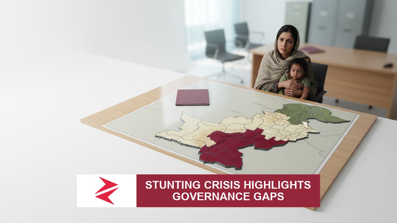 AI-generated editorial illustration: Conceptual editorial illustration for Stunting Crisis Highlights Governance Gaps. Not a documentary photograph.