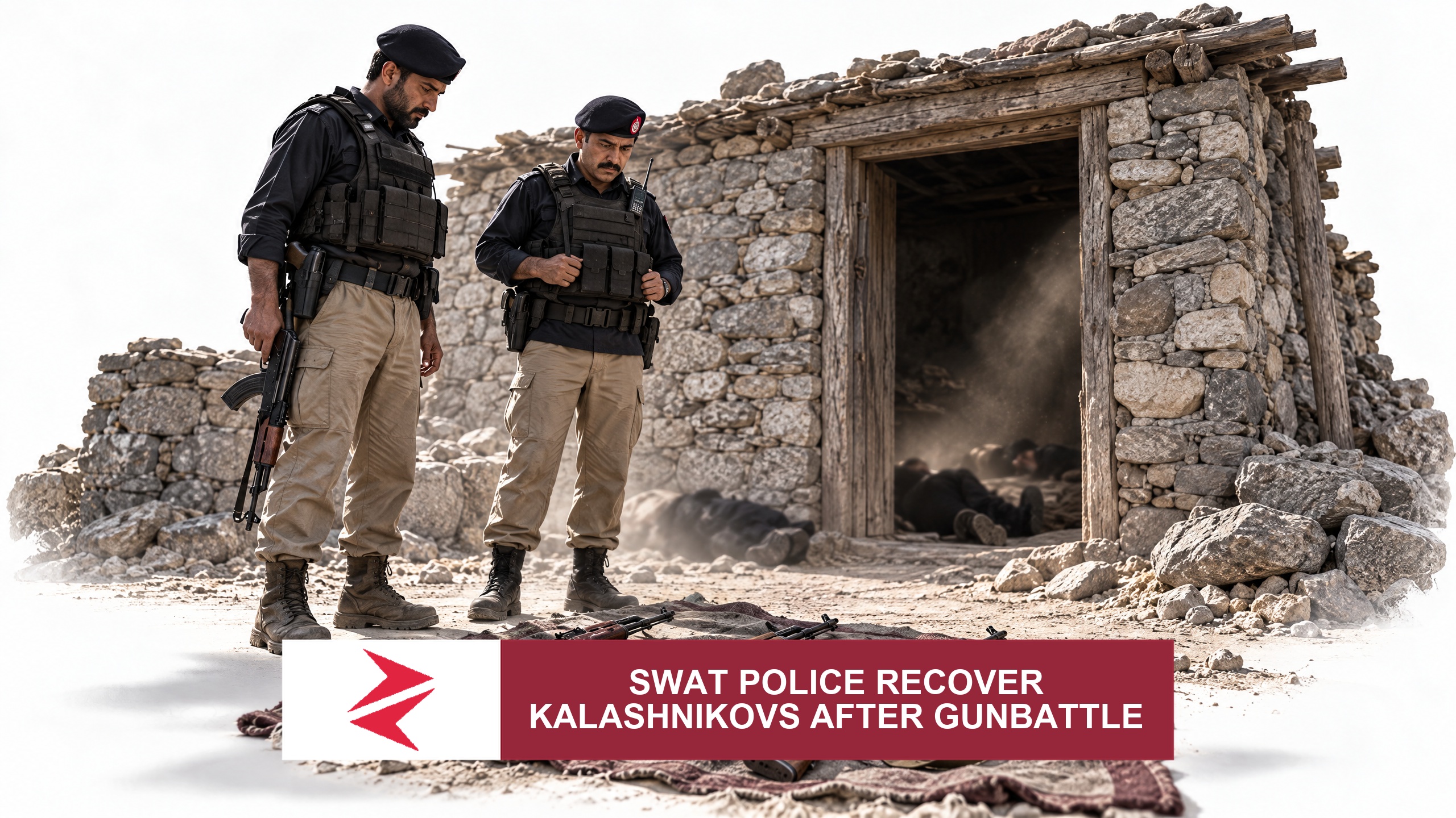 AI-generated editorial illustration: Conceptual editorial illustration for Swat Police Recover Kalashnikovs After Gunbattle. Not a documentary photograph.