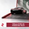 AI-generated editorial illustration: Conceptual editorial illustration for Tesla hype vs Pakistan tech. Not a documentary photograph.