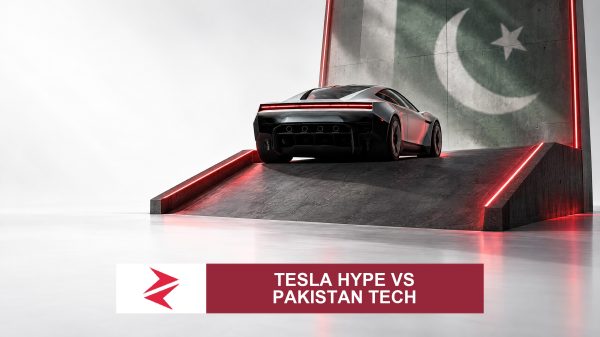 AI-generated editorial illustration: Conceptual editorial illustration for Tesla hype vs Pakistan tech. Not a documentary photograph.