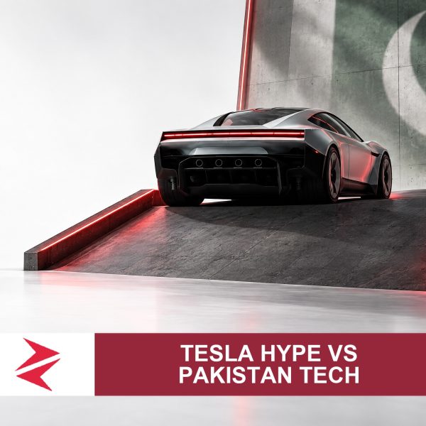 AI-generated editorial illustration: Conceptual editorial illustration for Tesla hype vs Pakistan tech. Not a documentary photograph.