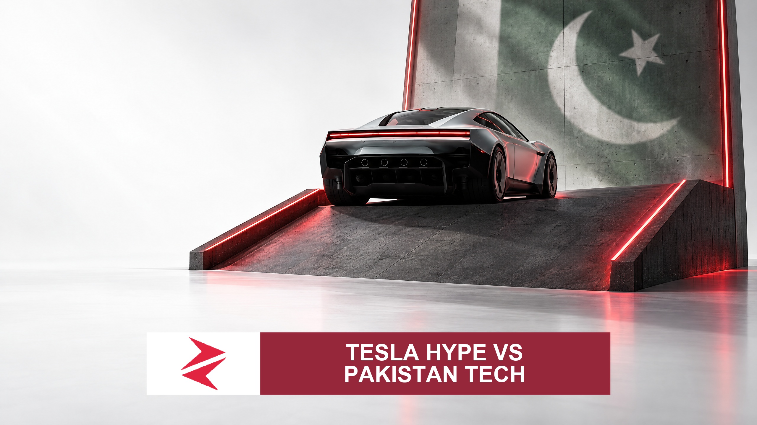 AI-generated editorial illustration: Conceptual editorial illustration for Tesla hype vs Pakistan tech. Not a documentary photograph.