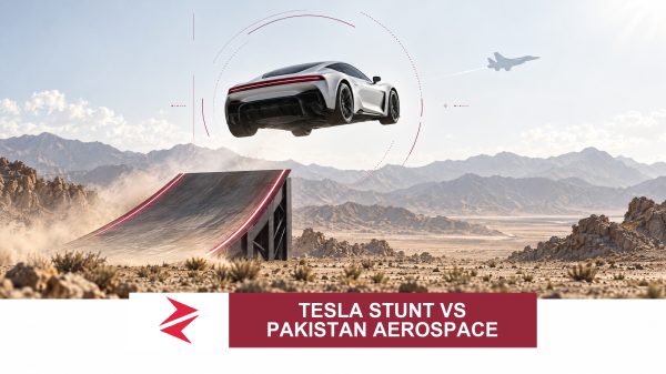 AI-generated editorial illustration: Conceptual editorial illustration for Tesla Stunt vs Pakistan Aerospace. Not a documentary photograph.
