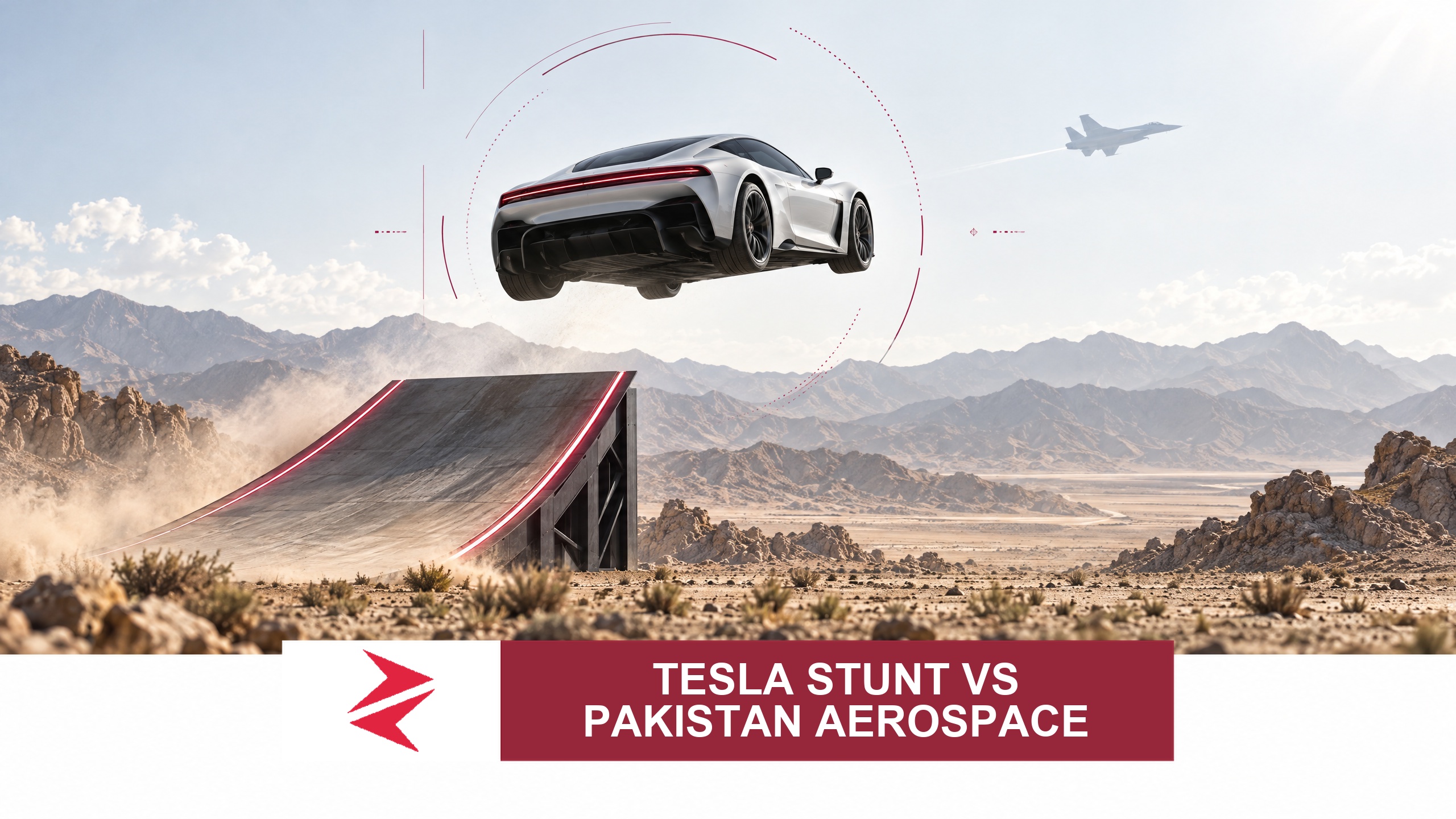 AI-generated editorial illustration: Conceptual editorial illustration for Tesla Stunt vs Pakistan Aerospace. Not a documentary photograph.