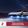 AI-generated editorial illustration: Conceptual editorial illustration for Tesla‑SpaceX Thruster Hype. Not a documentary photograph.
