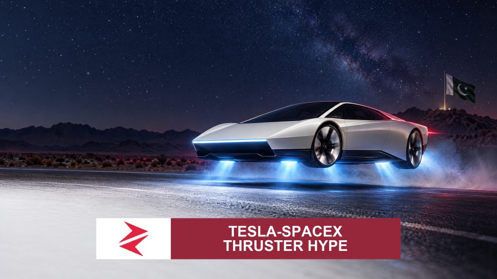 AI-generated editorial illustration: Conceptual editorial illustration for Tesla‑SpaceX Thruster Hype. Not a documentary photograph.