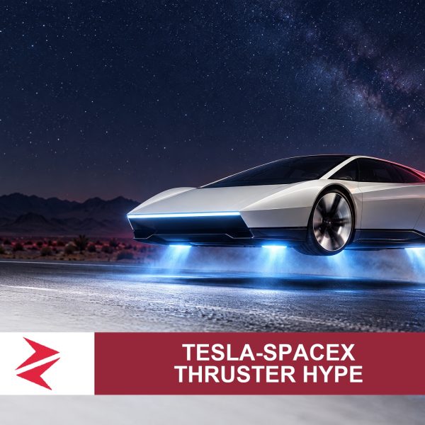 AI-generated editorial illustration: Conceptual editorial illustration for Tesla‑SpaceX Thruster Hype. Not a documentary photograph.
