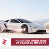 AI-generated editorial illustration: Conceptual editorial illustration for Roadster Thrusters vs Pakistan Missiles. Not a documentary photograph.