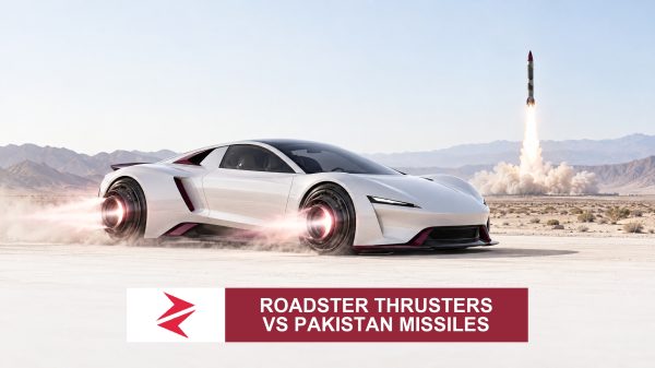 AI-generated editorial illustration: Conceptual editorial illustration for Roadster Thrusters vs Pakistan Missiles. Not a documentary photograph.