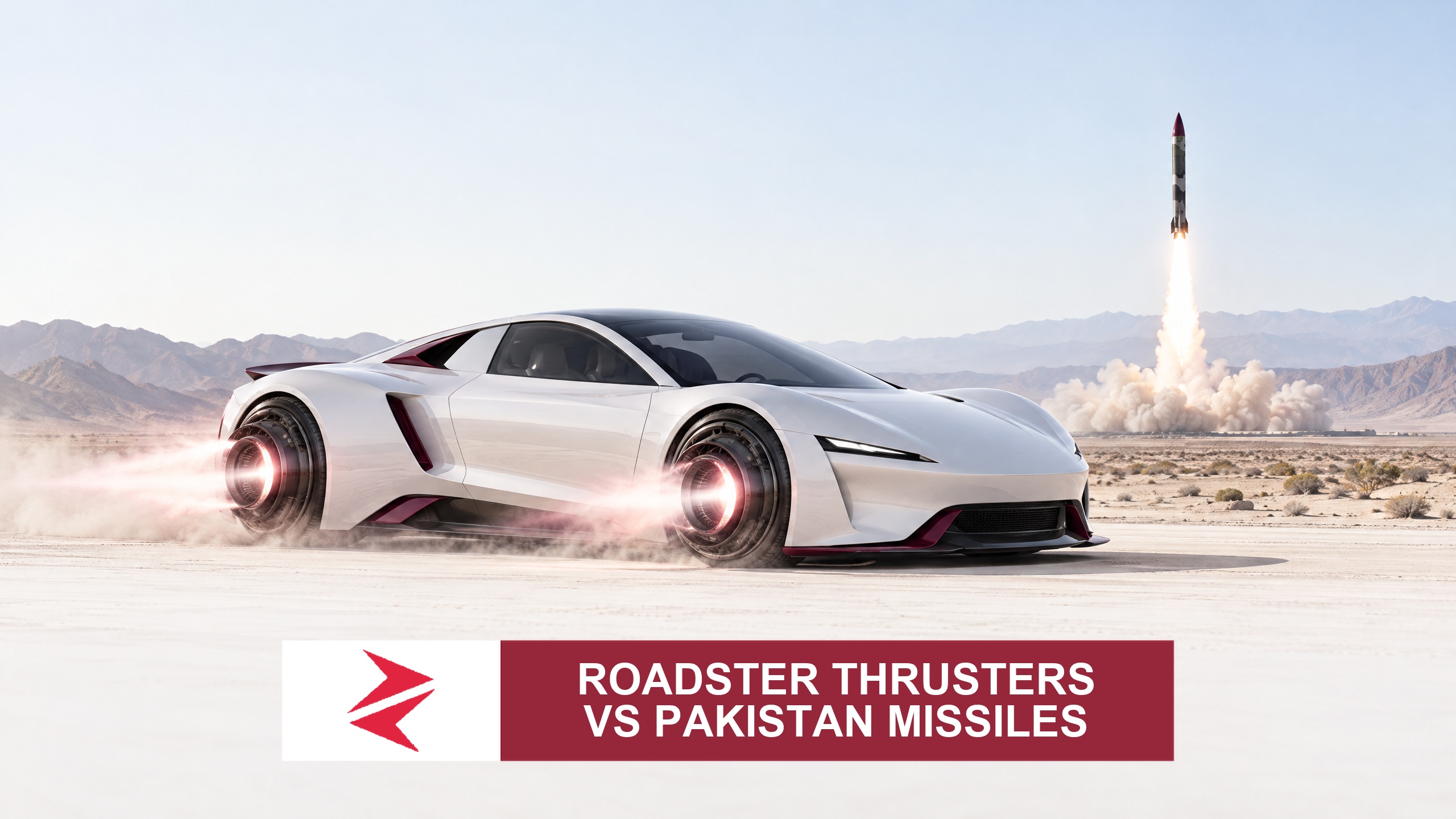 AI-generated editorial illustration: Conceptual editorial illustration for Roadster Thrusters vs Pakistan Missiles. Not a documentary photograph.