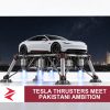 AI-generated editorial illustration: Conceptual editorial illustration for Tesla Thrusters Meet Pakistani Ambition. Not a documentary photograph.