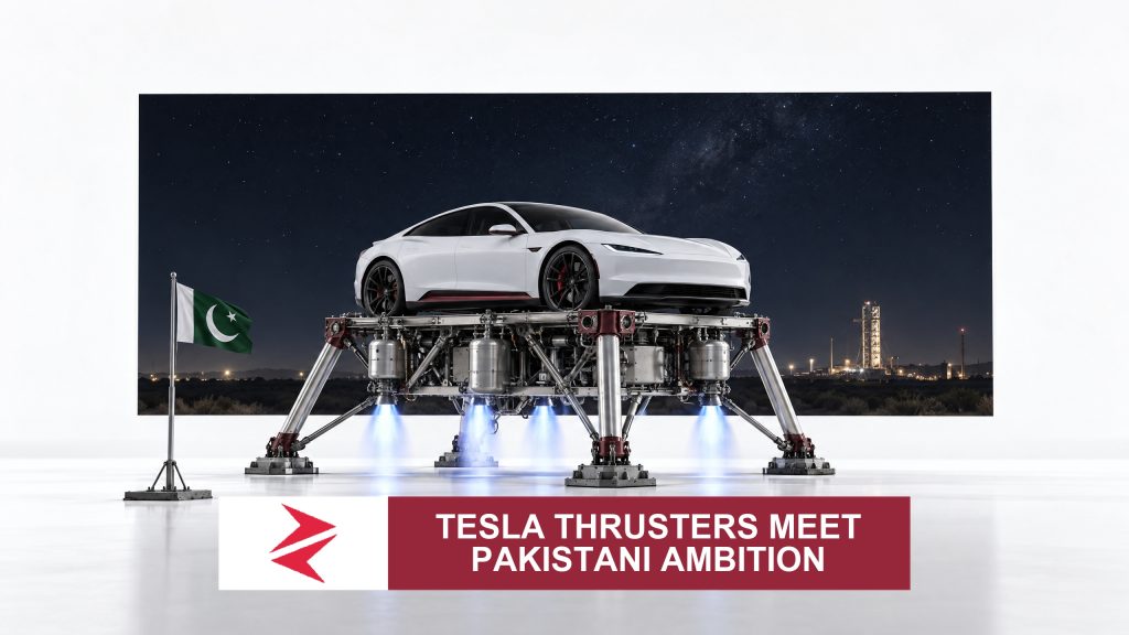 AI-generated editorial illustration: Conceptual editorial illustration for Tesla Thrusters Meet Pakistani Ambition. Not a documentary photograph.