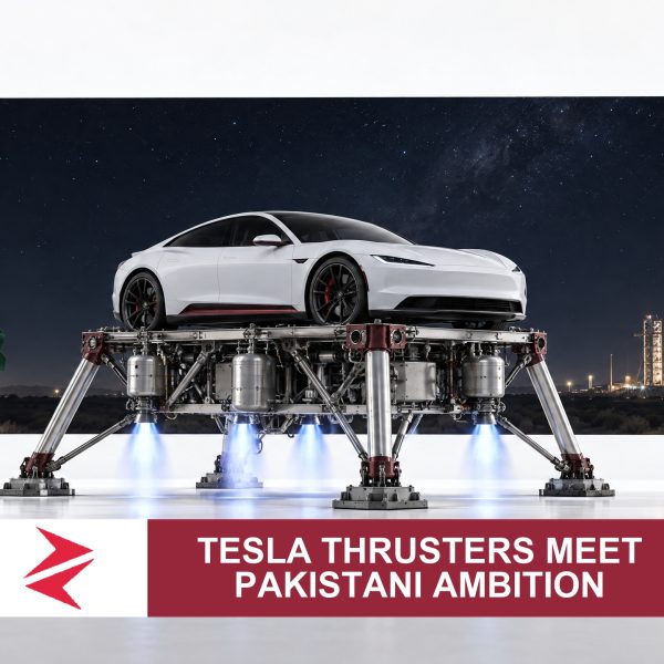 AI-generated editorial illustration: Conceptual editorial illustration for Tesla Thrusters Meet Pakistani Ambition. Not a documentary photograph.