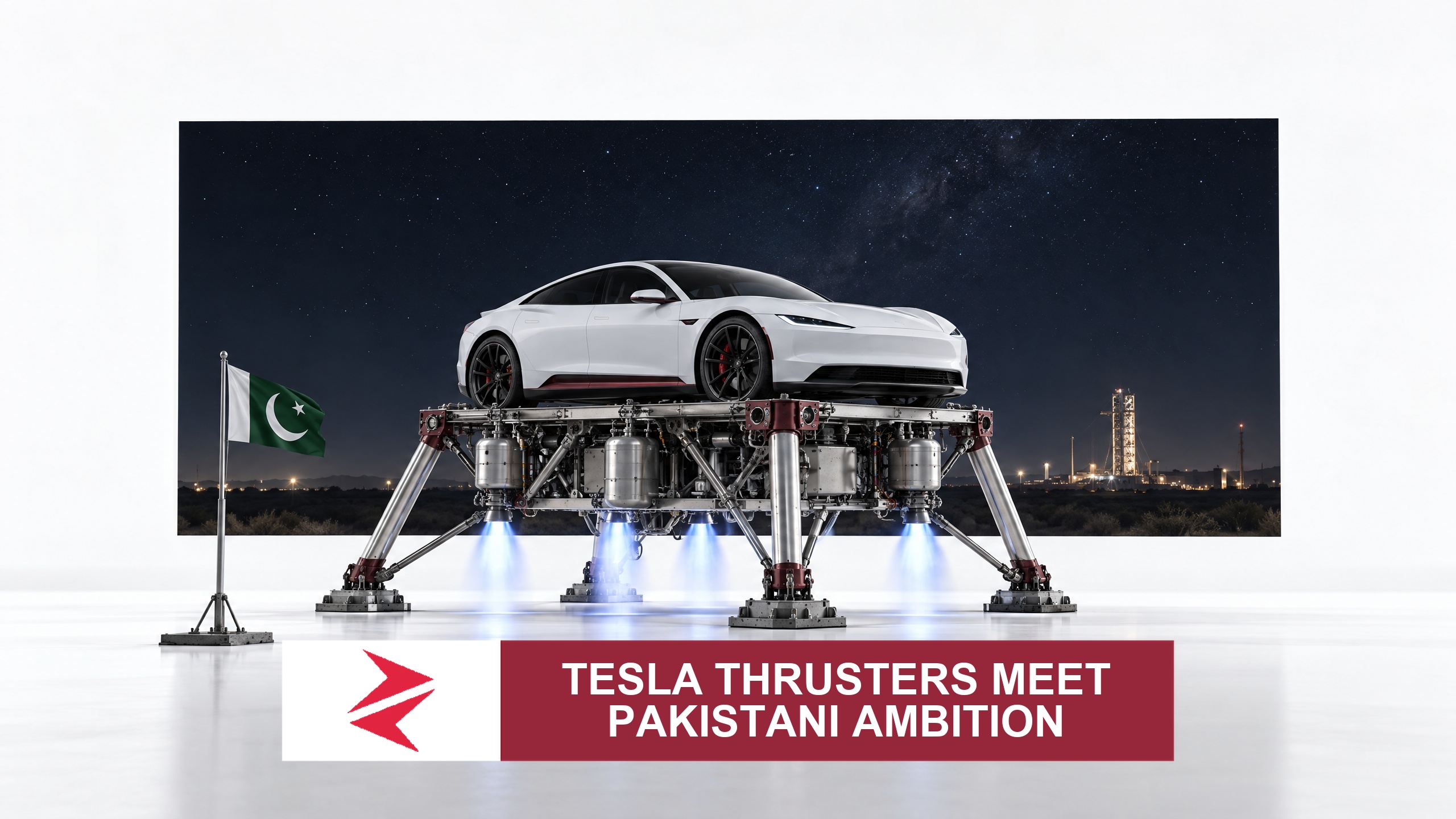 AI-generated editorial illustration: Conceptual editorial illustration for Tesla Thrusters Meet Pakistani Ambition. Not a documentary photograph.