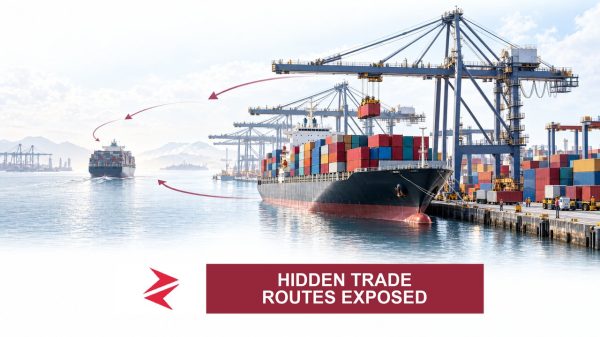 AI-generated editorial illustration: Conceptual editorial illustration for Hidden Trade Routes Exposed. Not a documentary photograph.