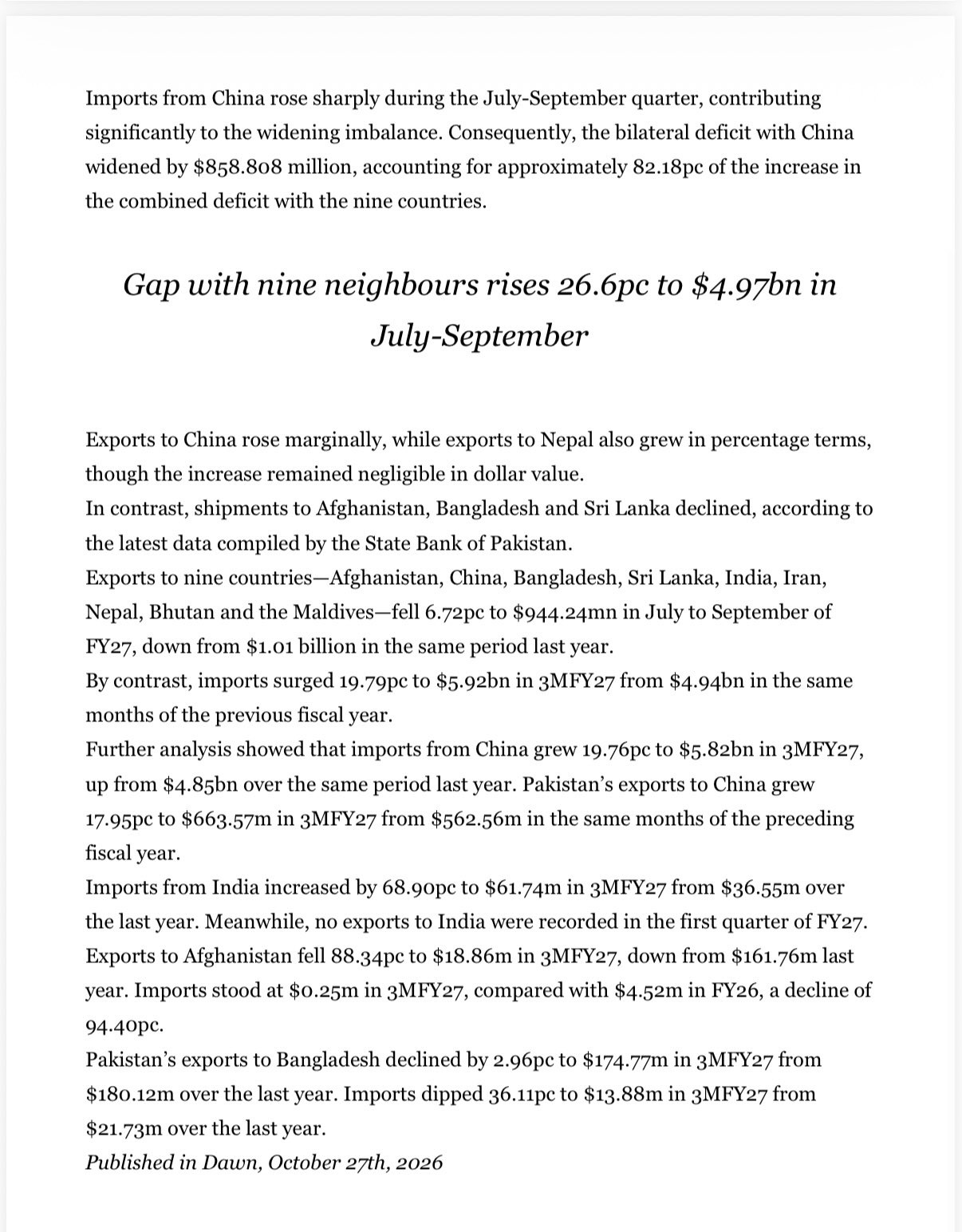 Excerpt from the same Dawn report showing a table of import and export figures, highlighting that imports from China rose 19.76 % to $5.82 billion and imports from India jumped 68.90 % to $61.74 million in the July‑September quarter