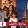 AI-generated editorial illustration: Conceptual editorial illustration for T‑Shirt Fallout Fuels Indo‑Pak Rift. Not a documentary photograph.