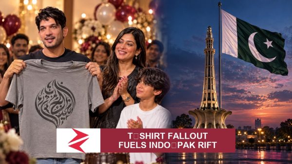 AI-generated editorial illustration: Conceptual editorial illustration for T‑Shirt Fallout Fuels Indo‑Pak Rift. Not a documentary photograph.