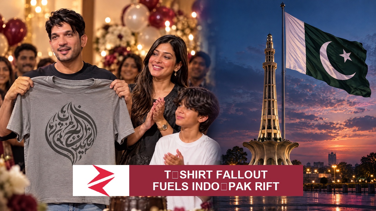 AI-generated editorial illustration: Conceptual editorial illustration for T‑Shirt Fallout Fuels Indo‑Pak Rift. Not a documentary photograph.