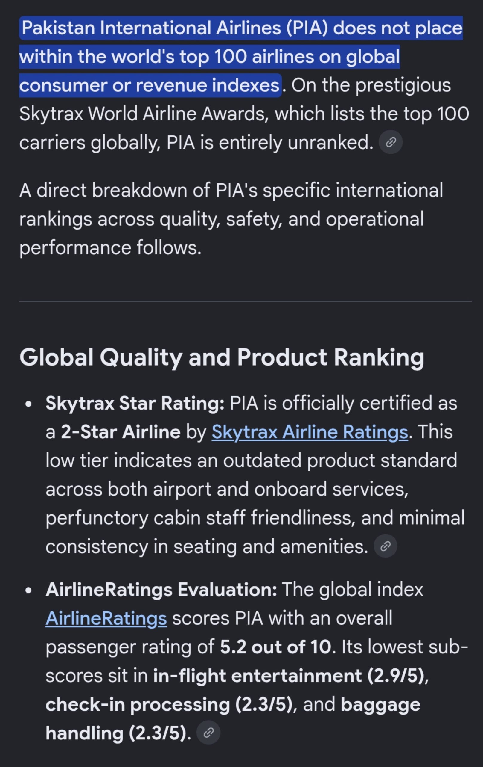 Screenshot of text showing PIA’s 2‑star Skytrax rating and a 5.2/10 overall passenger score with low sub‑scores for in‑flight entertainment, check‑in and baggage handling