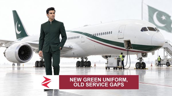 AI-generated editorial illustration: Conceptual editorial illustration for New Green Uniform, Old Service Gaps. Not a documentary photograph.