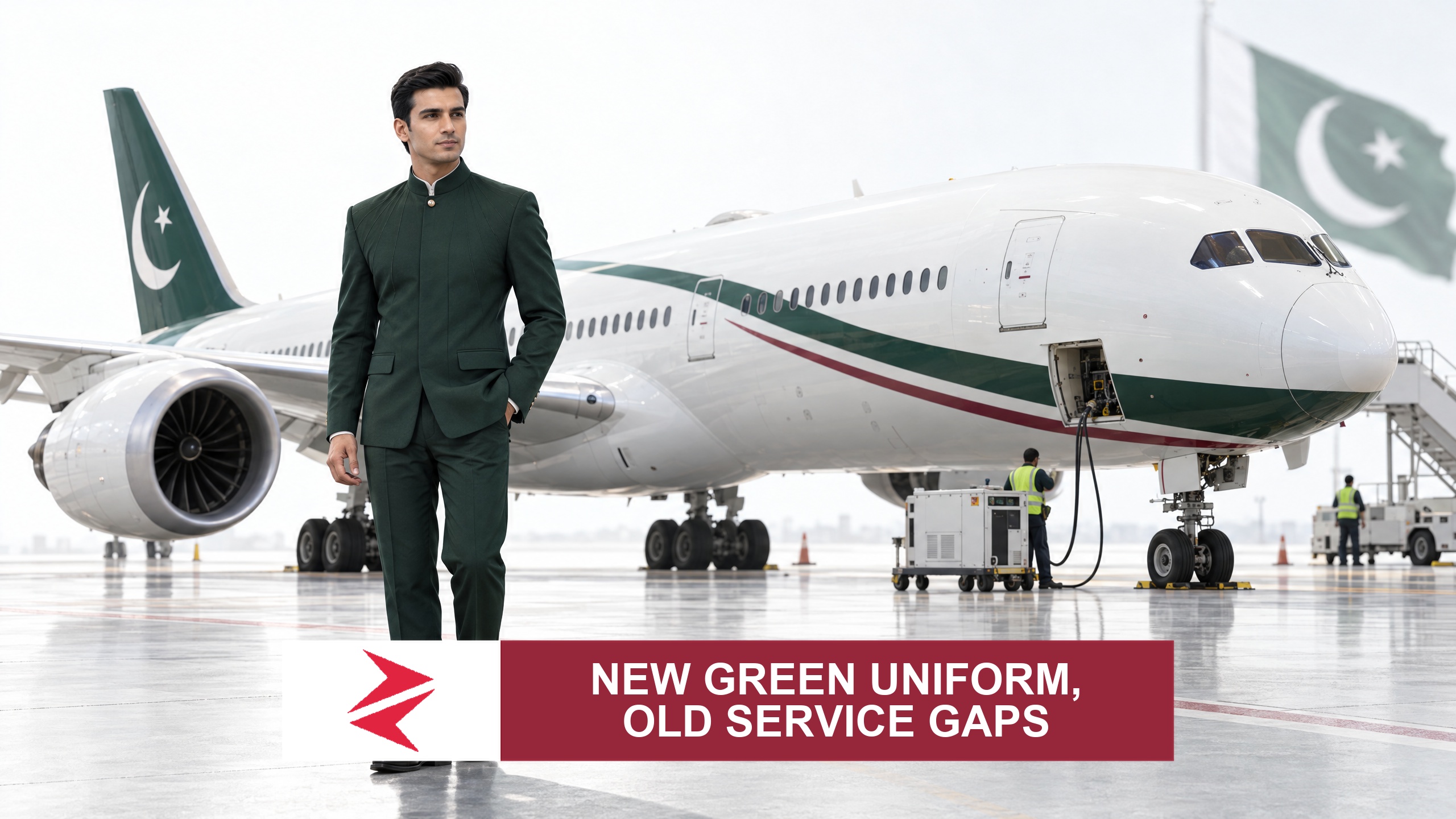 AI-generated editorial illustration: Conceptual editorial illustration for New Green Uniform, Old Service Gaps. Not a documentary photograph.