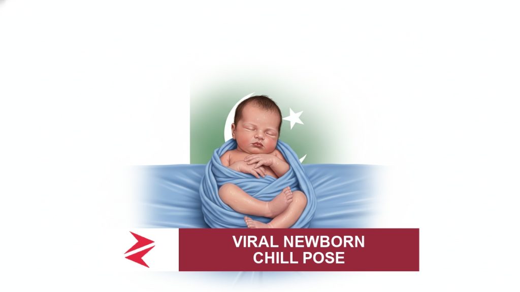 AI-generated editorial illustration: Conceptual editorial illustration for Viral Newborn Chill Pose. Not a documentary photograph.