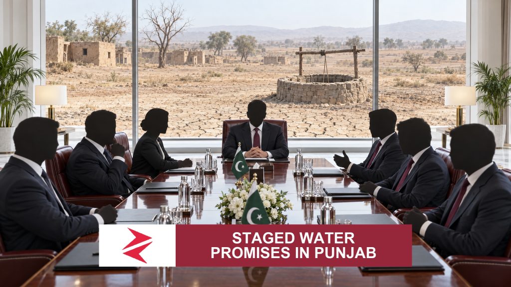 AI-generated editorial illustration: Conceptual editorial illustration for Staged Water Promises in Punjab. Not a documentary photograph.