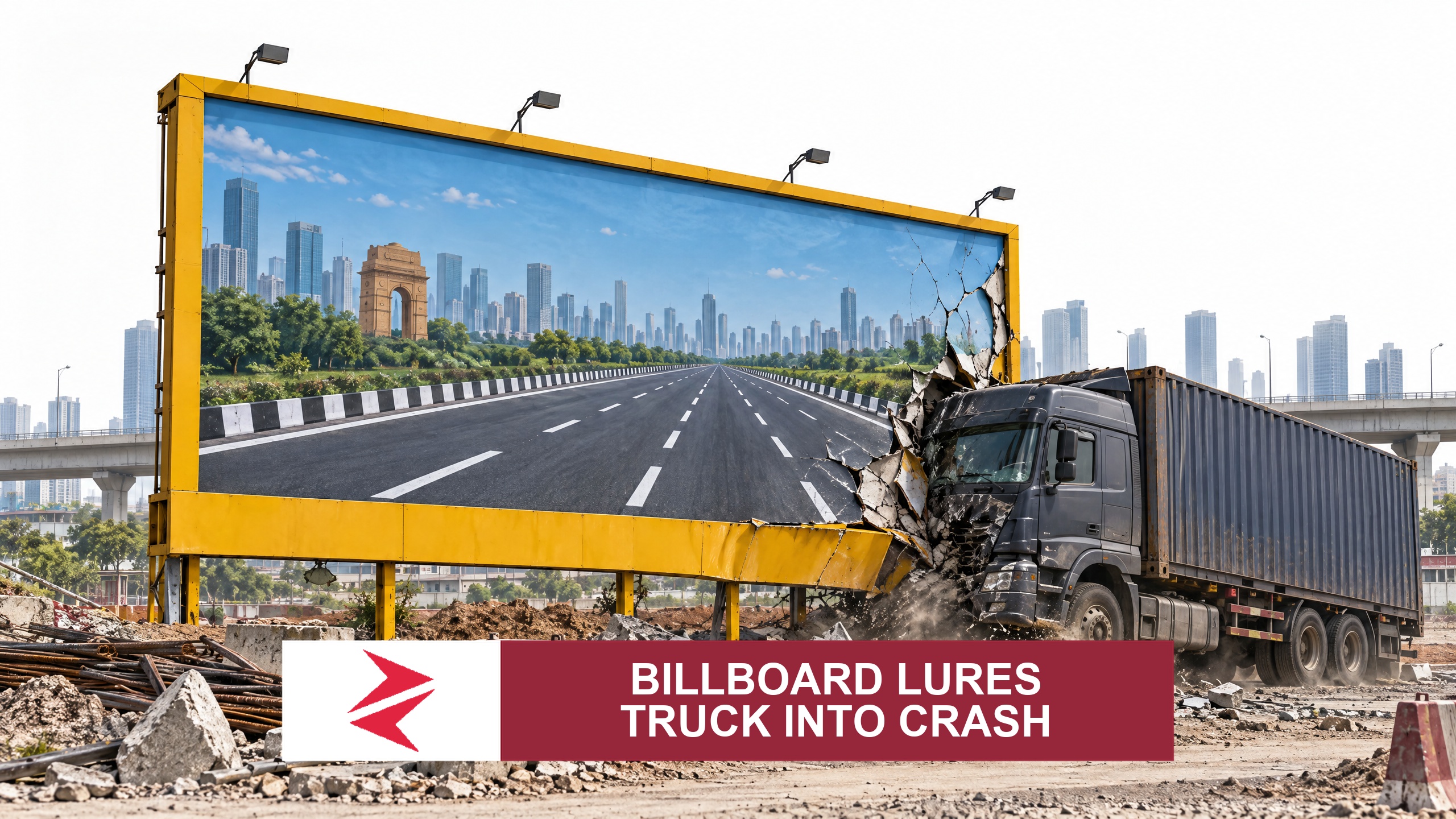 AI-generated editorial illustration: Conceptual editorial illustration for Billboard Lures Truck Into Crash. Not a documentary photograph.