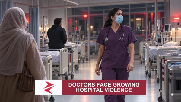 AI-generated editorial illustration: Conceptual editorial illustration for Doctors Face Growing Hospital Violence. Not a documentary photograph.