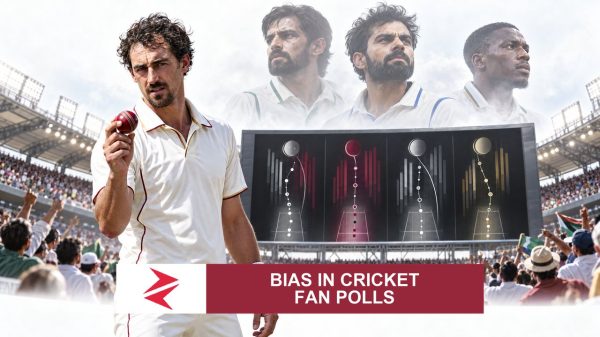 AI-generated editorial illustration: Conceptual editorial illustration for Bias in Cricket Fan Polls. Not a documentary photograph.