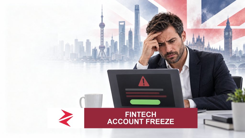 AI-generated editorial illustration: Conceptual editorial illustration for FinTech Account Freeze. Not a documentary photograph.