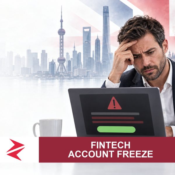 AI-generated editorial illustration: Conceptual editorial illustration for FinTech Account Freeze. Not a documentary photograph.